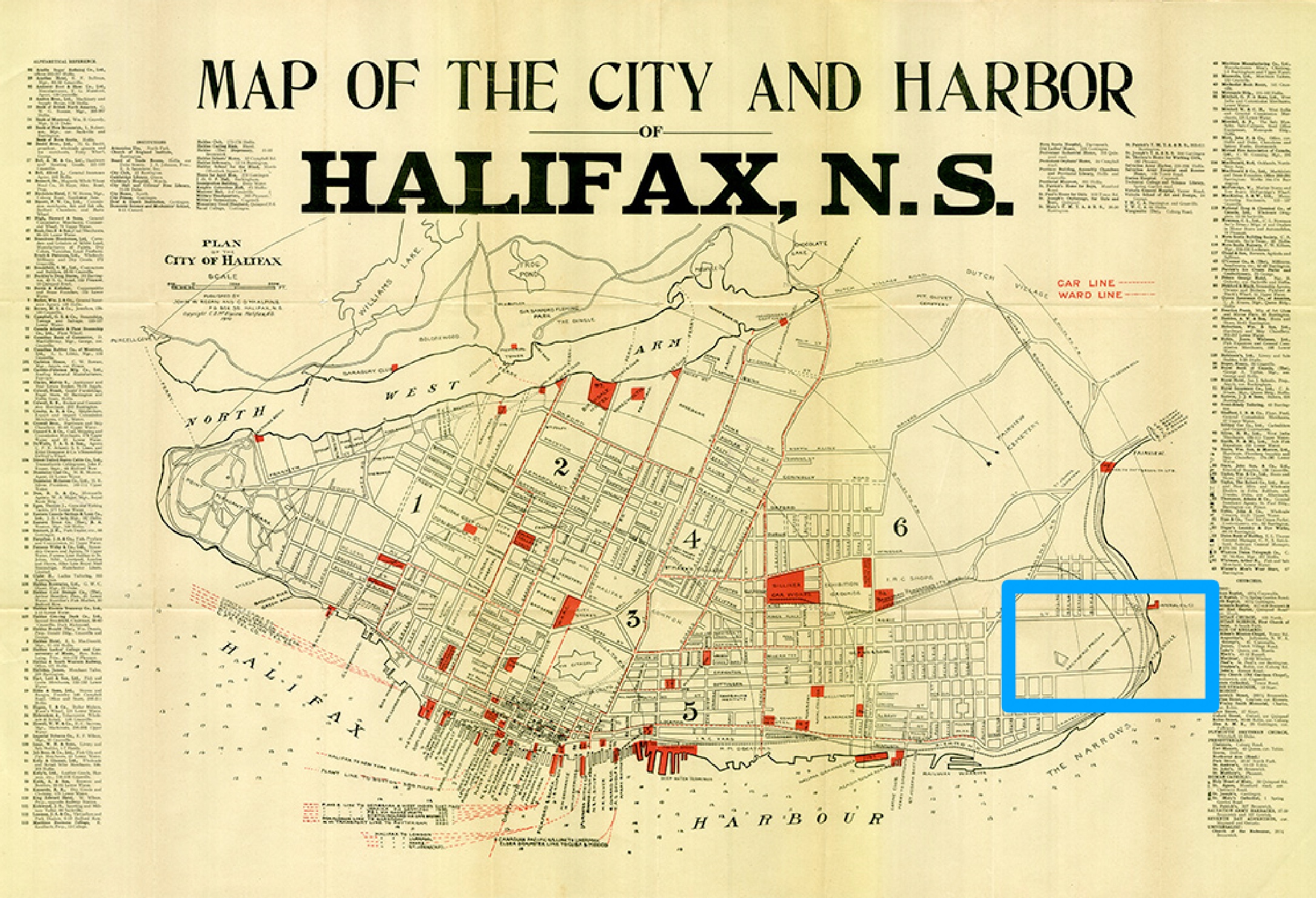 A map of Halifax in 1910, with a blue square around the area of Africville ("Map of the City and Harbour of Halifax, N.S.").