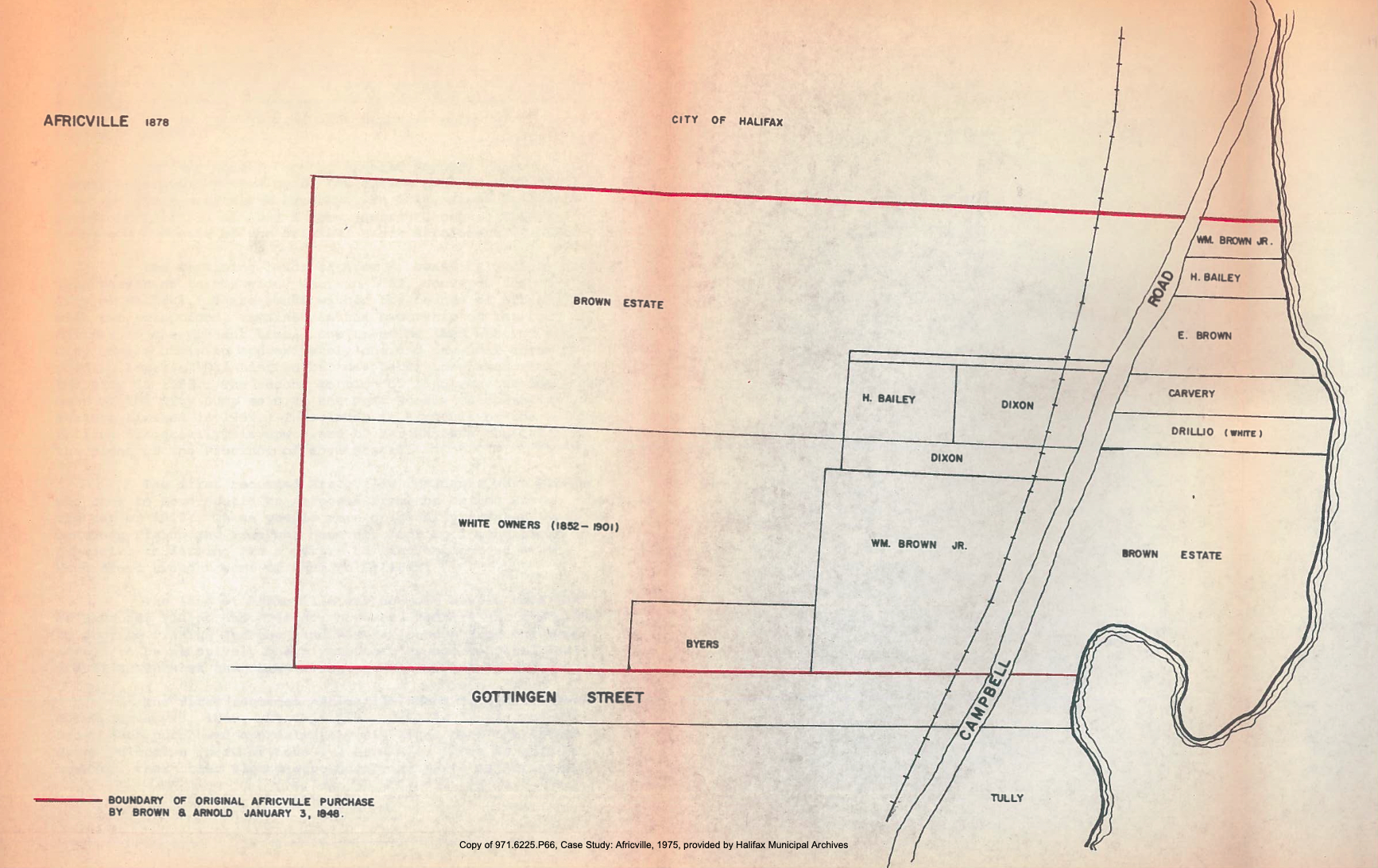 After: A map of Africville by land ownership and properties, comparing 1878 and 1916 (Porter, 6).